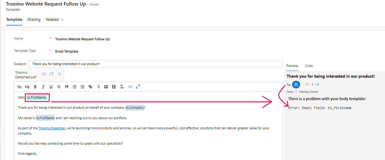 D365 Sales Engagement - Email Template Personalization Error in Preview.png